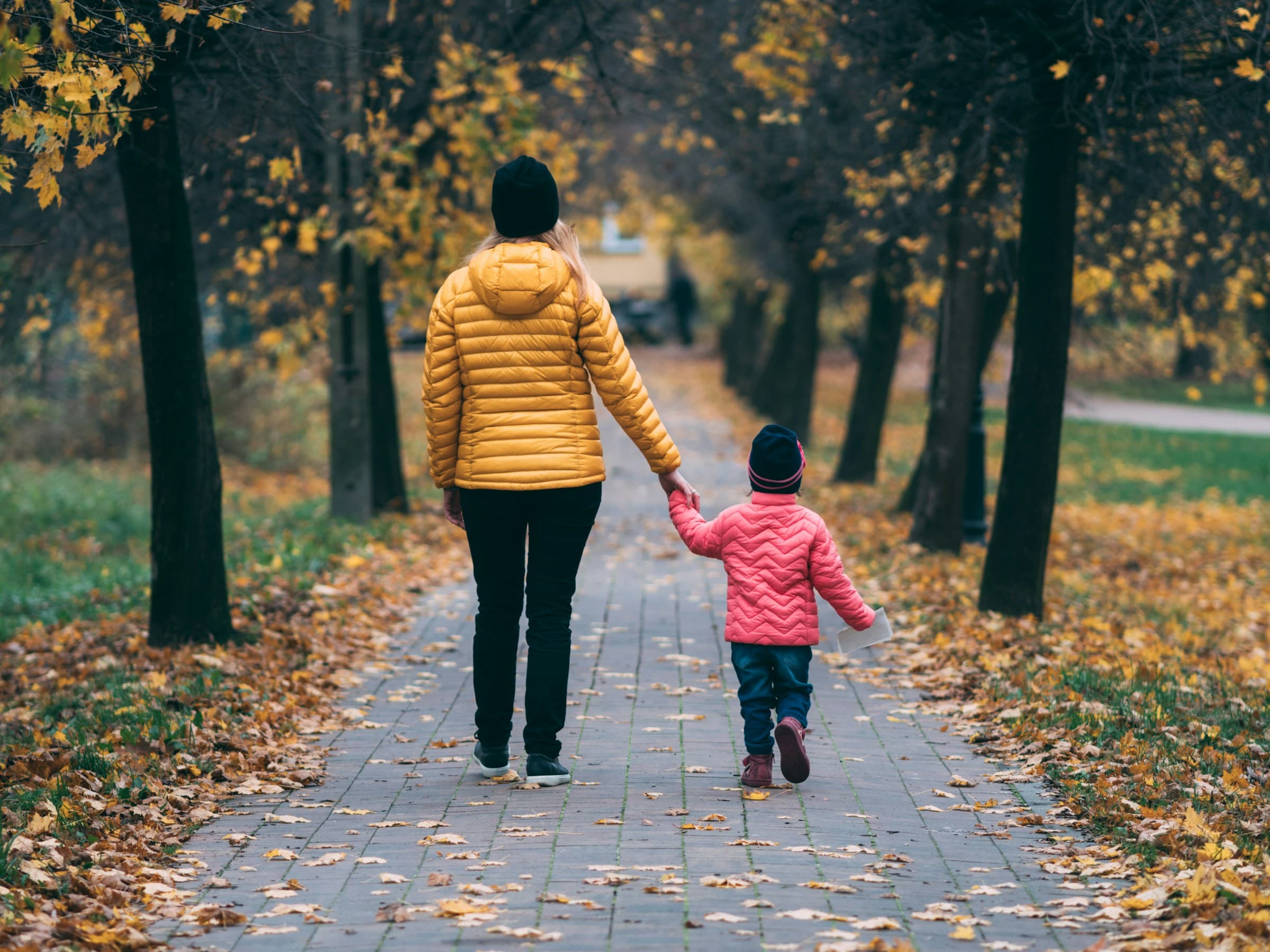 Een volwassene en een kind lopen hand in hand over een pad met herfstbladeren.